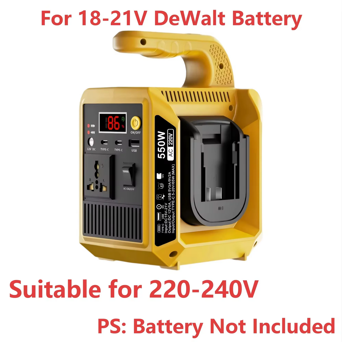 550W Portable Power Supply Inverter Compatible with Makita 18V Battery DC 18V to AC 110V/220V Converter with Type-C for Camping