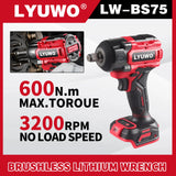 LYUWO High Quality Brushless Cordless Impact Wrench LW-BS75 3/8" 21V 600N.m NoBattery 3500 RPM Professional auto repair or home