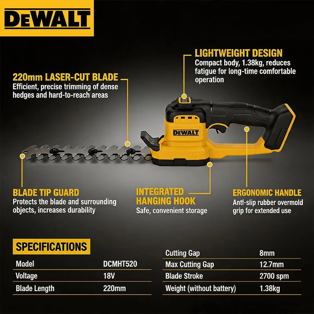 DEWALT DCMHT520N 18V Cordless Hedge Trimmer & Grass Shear, 2-in-1 Garden Care Tool with Interchangeable Blades, Bare Tool Only
