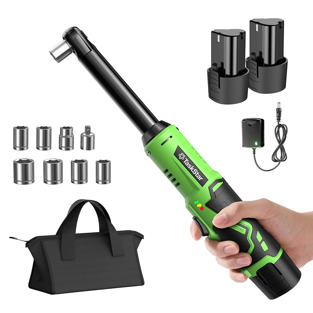 TaskStar 6 Inch Extended Cordless Ratchet Wrench 3/8" Portable Electric Wrench 36.88Ft-lbs for Car Repair 2*2.0Ah Battery Powered Handheld Angle Wrench with LED Work Light