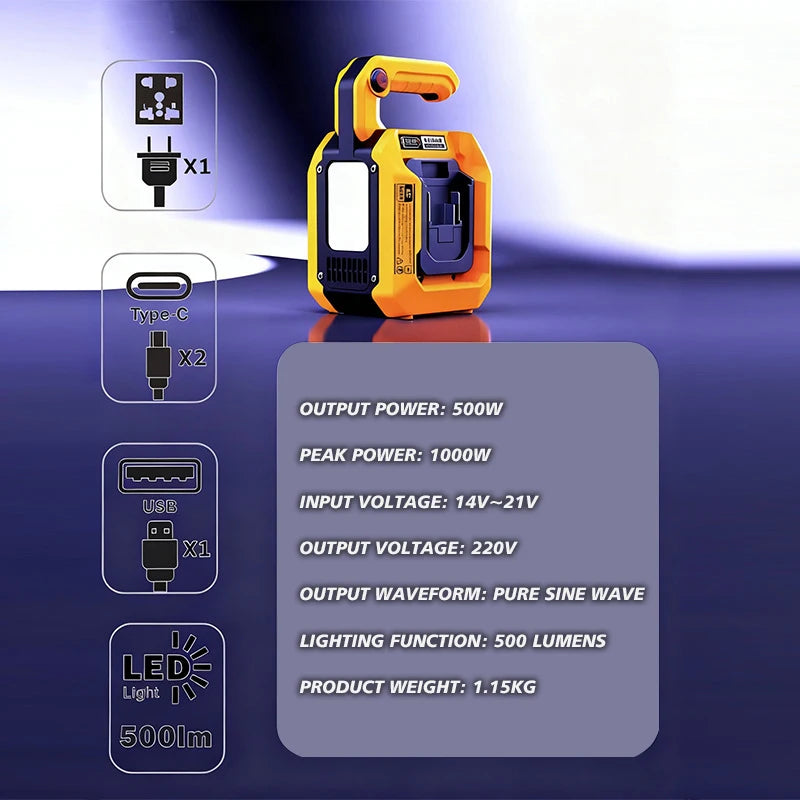 500W Power Inverter for Makita Milwaukee 18V Battery 18V to 120V/220V Pure Sine Wave Inverter with LED Light for Outdoor Camping