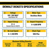 DEWALT DCH273 20V Brushless Cordless SDS Plus Rotary Hammer, Powerful Impact Drill Power Tool