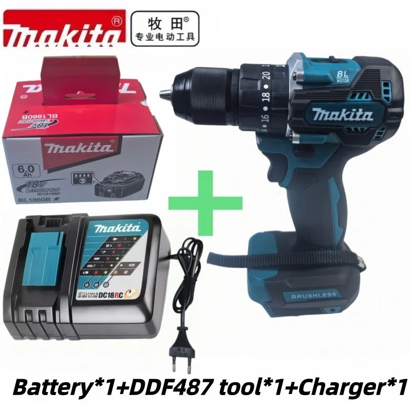 High Torque Original DDF487 Brushless Electric Screwdriver 18V, Makita Original 6.0Ah & Tool Package