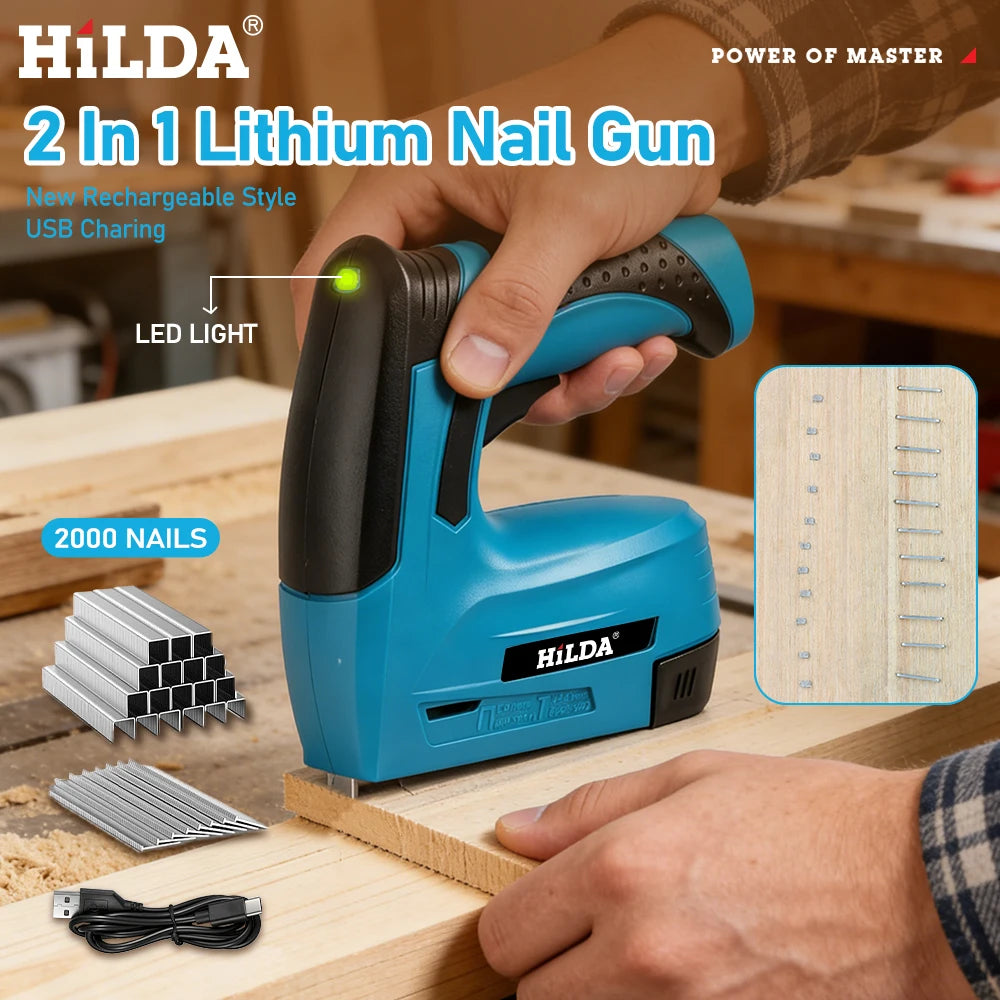 HILDA Electric Nail Gun Portable Furniture Pneumatic Gun Nail Gun DIY Tools 2 in1 Air Nail Gun with 2000pcs Staples LED Light