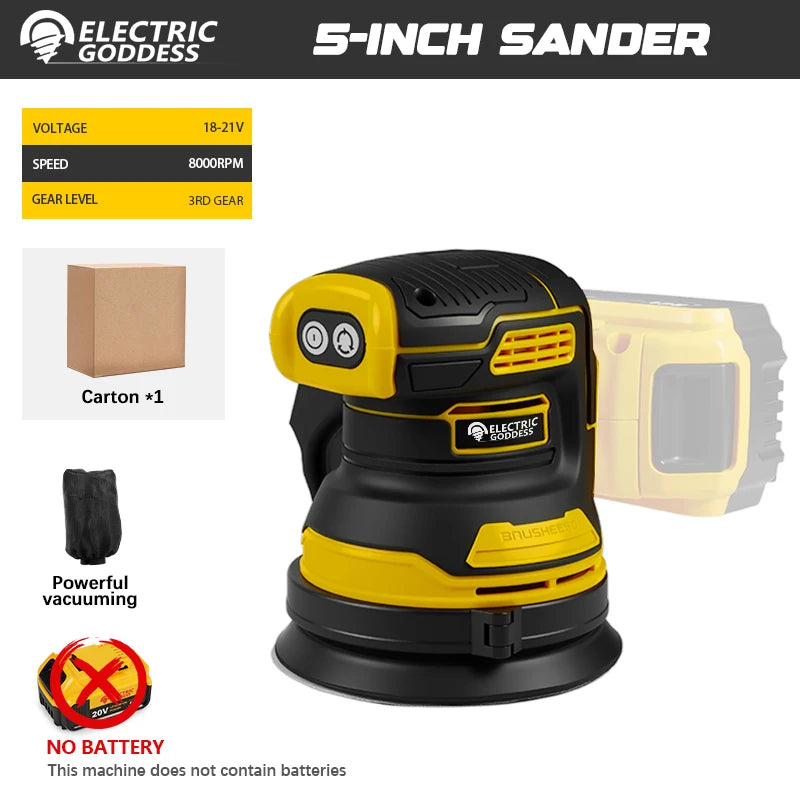 Electric Goddess 8000RPM Random Orbit Sander Home DIY Carpenter Strong Dust Collection Polisher For Dewalt 20V Battery Pin