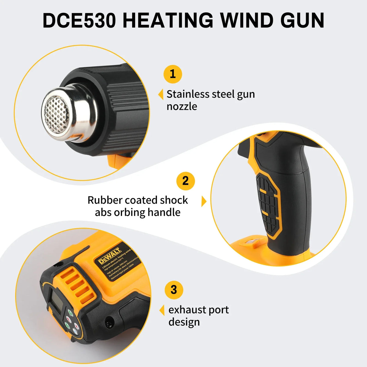 DEWALT 18V 21V Heat Gun Shrink Wrapping Tool Electric Air Dryer Soldering Thermal Blower with Anti-Scald Grip & Digital Display