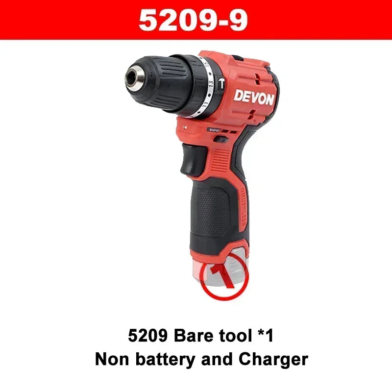 Devon 5208 5209 12V Cordless Electric Drill Brushless Motor 50Nm 1700rpm Dual Speed Torque Adjustable