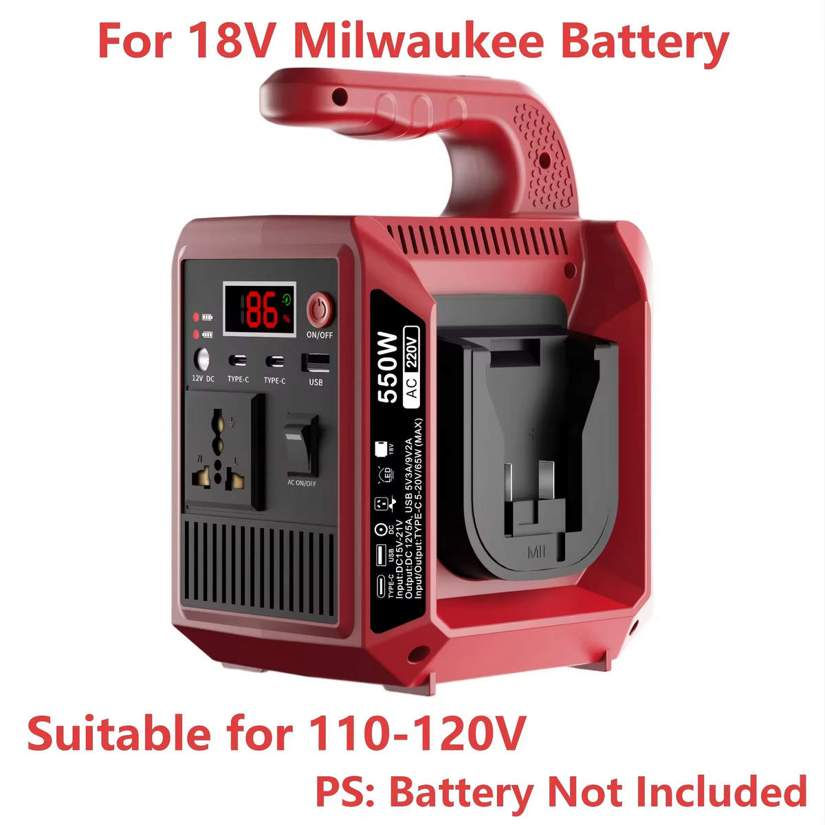 550W Portable Power Supply Inverter Compatible with Makita 18V Battery DC 18V to AC 110V/220V Converter with Type-C for Camping